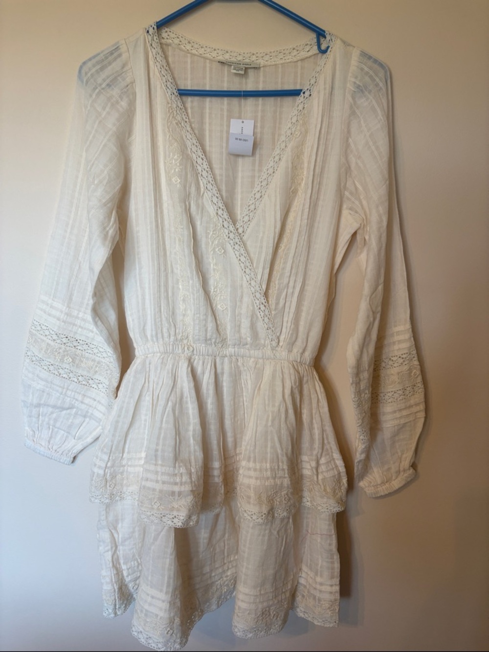 American Eagle Outfitters Cream Lace-Trim Long Sleeve Peplum Dress